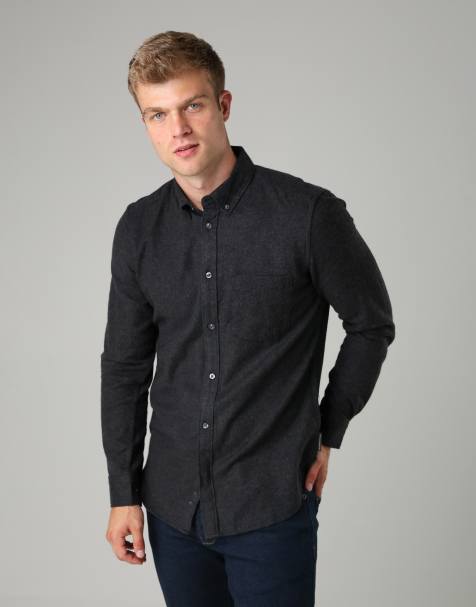 French Connection Cotton chest pocket flannel long sleeve shirt in charcoal