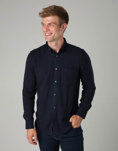 French Connection Cotton chest pocket flannel long sleeve shirt in navy