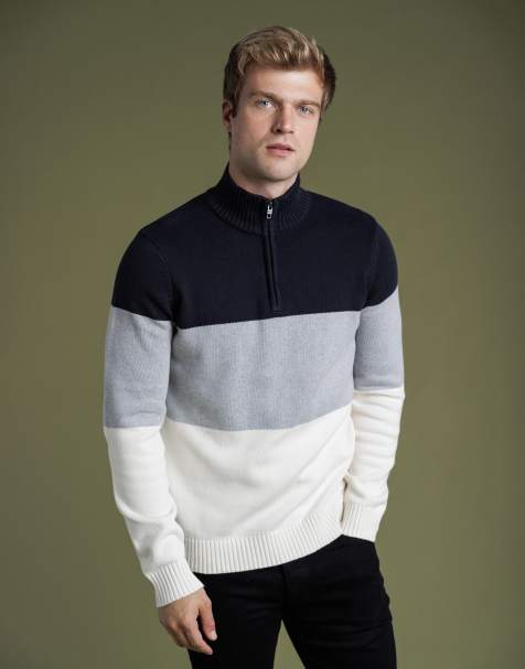 French Connection Cotton colourblock 1/2 zip knitted jumper in navy - view 1