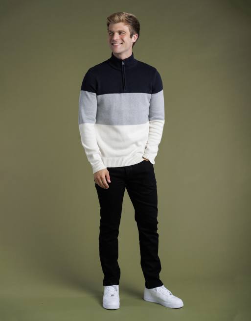 French Connection Cotton colourblock 1/2 zip knitted jumper in navy, 3 of 4