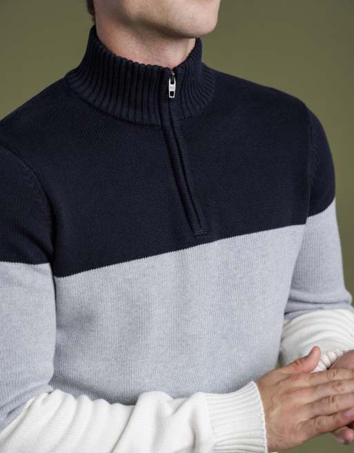 French Connection Cotton colourblock 1/2 zip knitted jumper in navy, 4 of 4