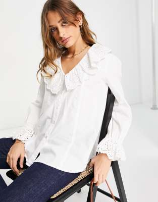 French Connection cotton Ena ruffle shirt with embroidered details in white - WHITE - ASOS Price Checker