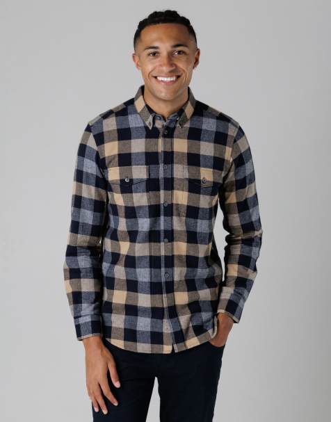French Connection Cotton large gingham flannel double pocket long sleeve shirt in camel - view 1