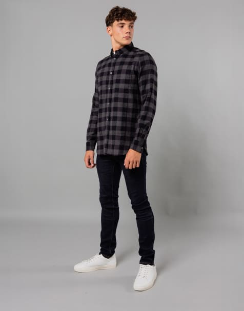 French Connection Cotton large gingham flannel long sleeve shirt in charcoal - view 1