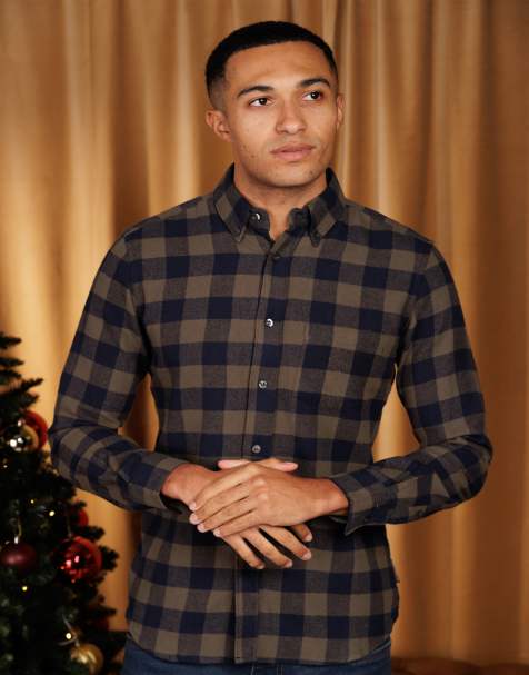 French Connection Cotton large gingham flannel long sleeve shirt in khaki - view 1