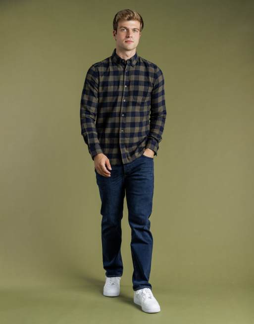French Connection Cotton large gingham flannel long sleeve shirt in khaki, 3 of 4
