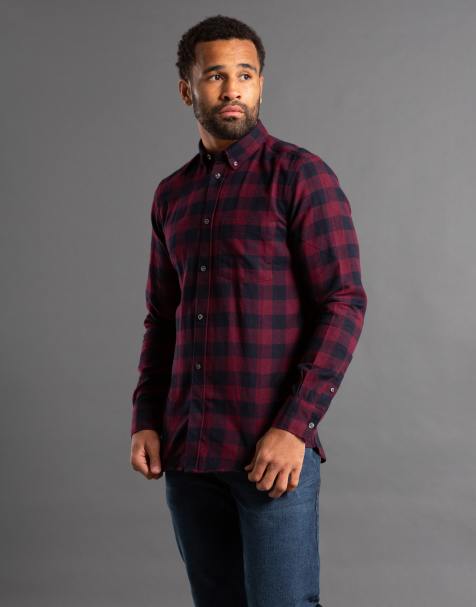 French Connection Cotton large gingham flannel long sleeve shirt in wine - view 1