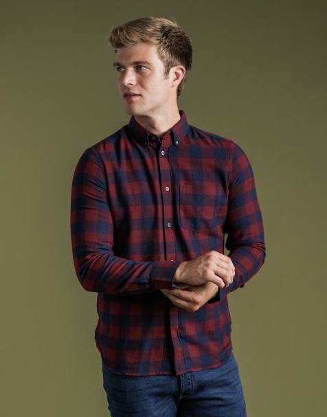 French Connection Cotton large gingham flannel long sleeve shirt in wine - view 1