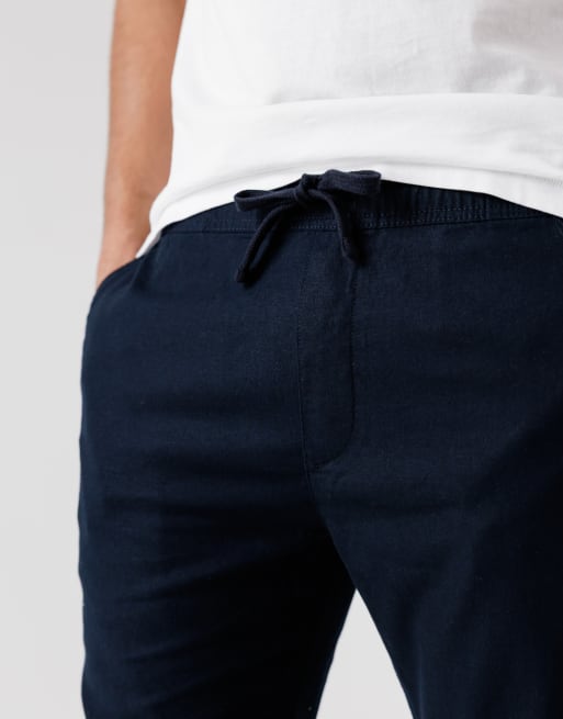 French Connection Cotton-linen blend drawstring cuffed trousers in navy, 2 of 4