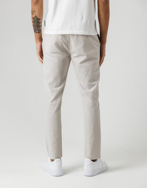 French Connection Cotton-linen blend drawstring cuffed trousers in stone, 3 of 4