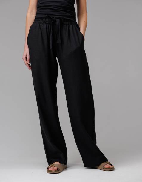French Connection Cotton linen blend elasticated self-tie straight leg trousers in black - view 1