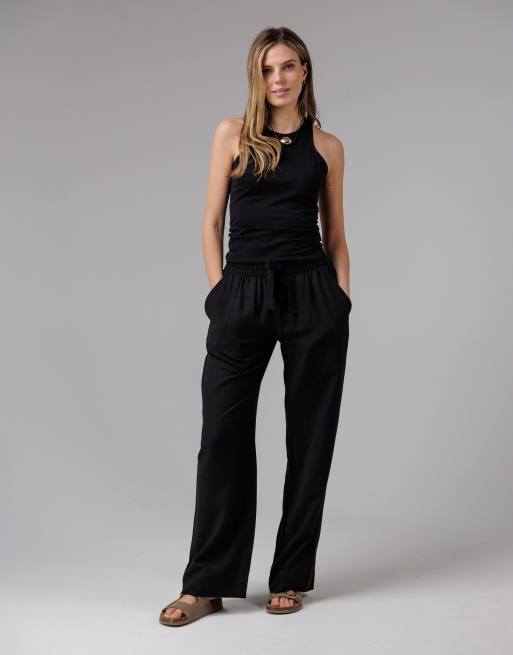 French Connection Cotton linen blend elasticated self-tie straight leg trousers in black, 3 of 4