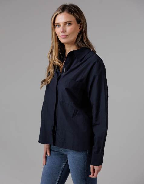 French Connection Cotton long sleeve chest pocket poplin popover high-low hem shirt in navy - view 1