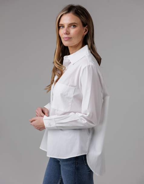 French Connection Cotton long sleeve chest pocket poplin popover high-low hem shirt in white - view 1