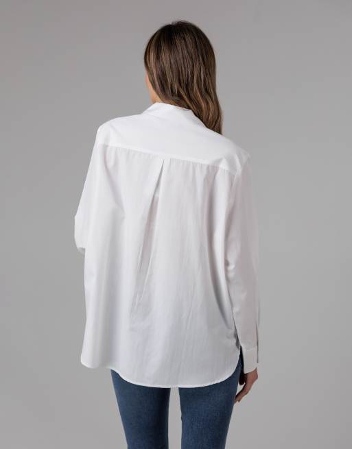 French Connection Cotton long sleeve chest pocket poplin popover high-low hem shirt in white, 2 of 4