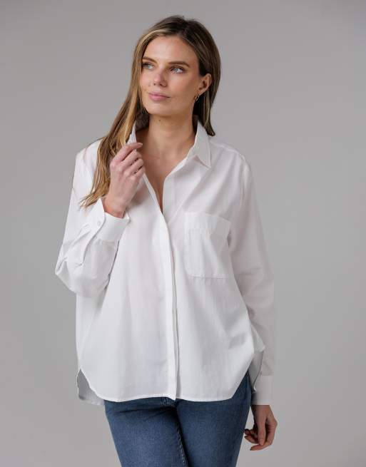 French Connection Cotton long sleeve chest pocket poplin popover high-low hem shirt in white, 4 of 4