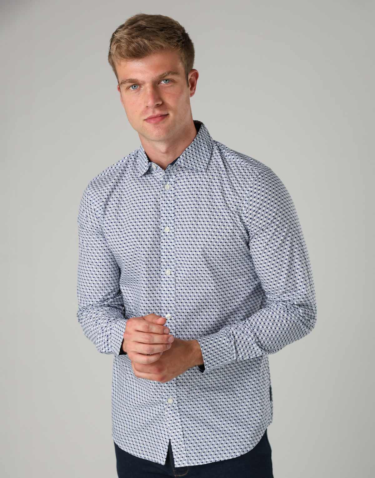 French Connection Cotton long sleeve cube-design shirt in navy