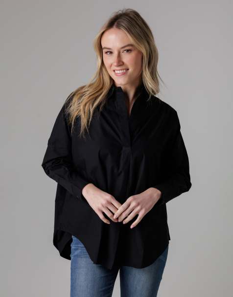French Connection Cotton long sleeve poplin popover high-low hem shirt in black - view 1