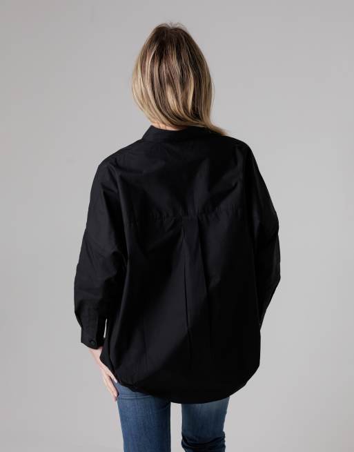 French Connection Cotton long sleeve poplin popover high-low hem shirt in black, 2 of 4
