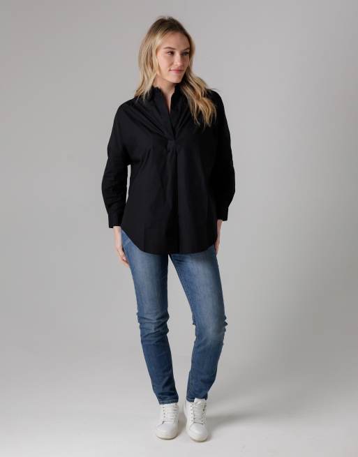 French Connection Cotton long sleeve poplin popover high-low hem shirt in black, 3 of 4