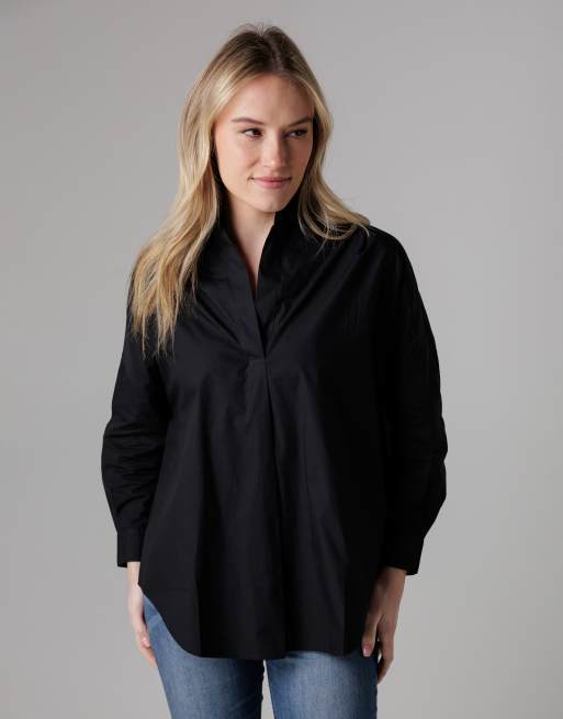 French Connection Cotton long sleeve poplin popover high-low hem shirt in black, 4 of 4