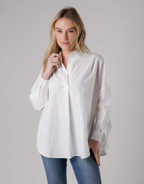 French Connection Cotton long sleeve poplin popover high-low hem shirt in white - view 1