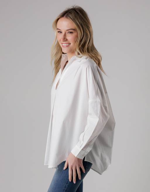 French Connection Cotton long sleeve poplin popover high-low hem shirt in white, 2 of 4