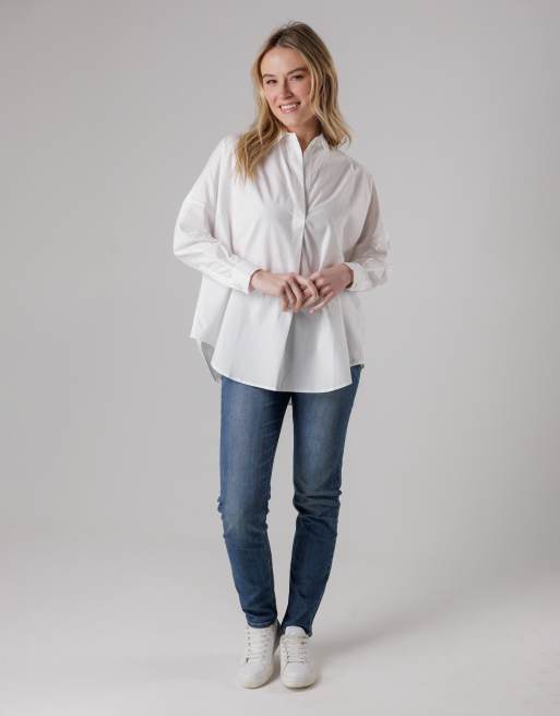 French Connection Cotton long sleeve poplin popover high-low hem shirt in white, 3 of 4