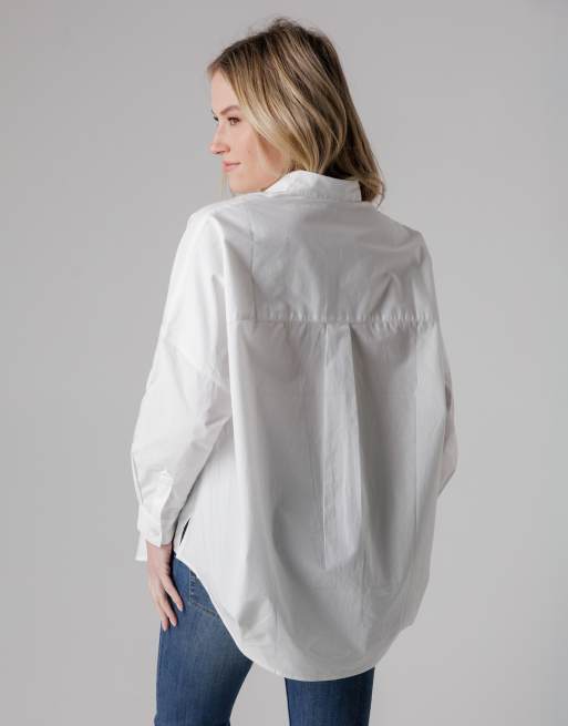 French Connection Cotton long sleeve poplin popover high-low hem shirt in white, 4 of 4