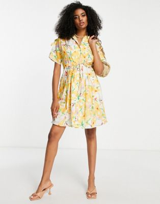 French Connection cotton mini shirt dress with tie waist in yellow floral - ASOS Price Checker