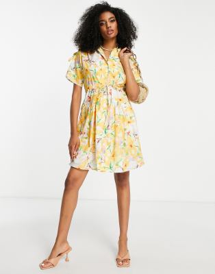 French Connection French Connection cotton mini shirt dress with tie waist in yellow floral