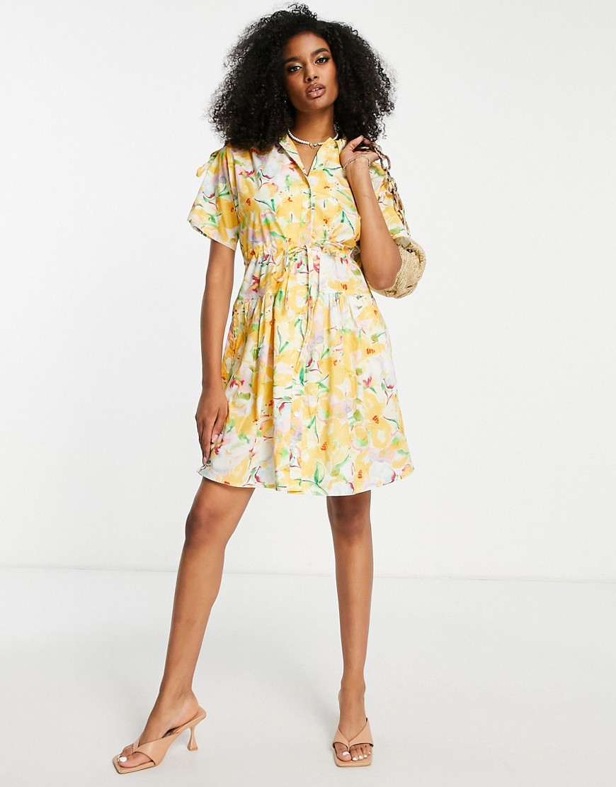 French Connection cotton mini shirt dress with tie waist in yellow floral