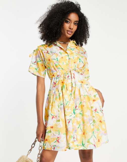 Yellow floral shirt dress hot sale