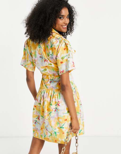 French Connection cotton mini shirt dress with tie waist in yellow