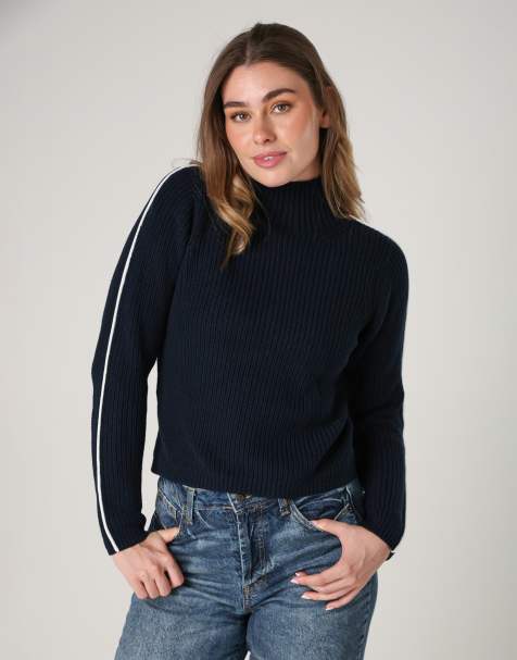 French Connection Cotton mozart high neck knit jumper with contrast trim in navy