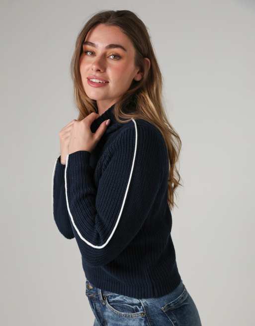 French Connection Cotton mozart high neck knit jumper with contrast trim in navy, 2 of 4
