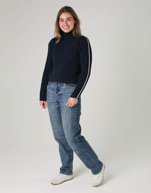 French Connection Cotton mozart high neck knit jumper with contrast trim in navy, 3 of 4