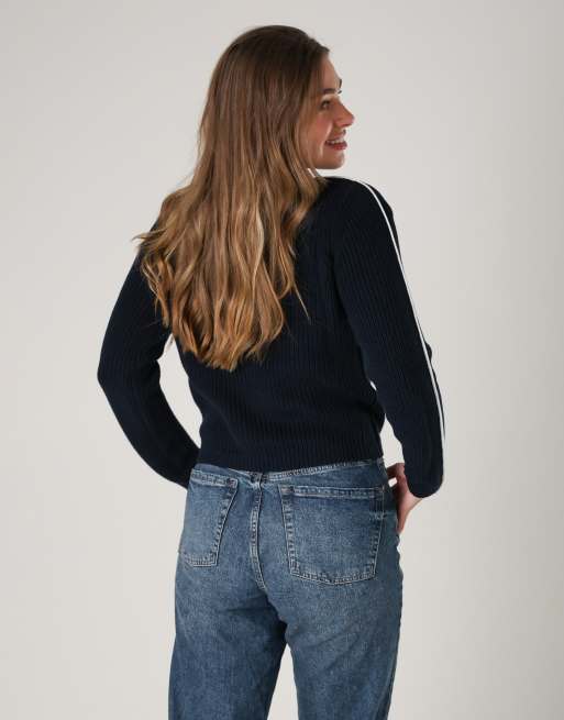French Connection Cotton mozart high neck knit jumper with contrast trim in navy, 4 of 4