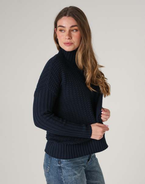 French Connection Cotton mozart popcorn knit high neck jumper in navy - view 1