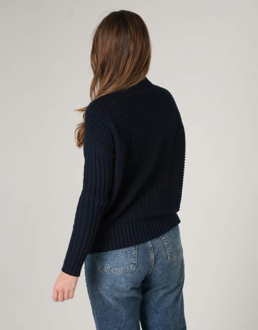French Connection Cotton mozart popcorn knit high neck jumper in navy, 2 of 2
