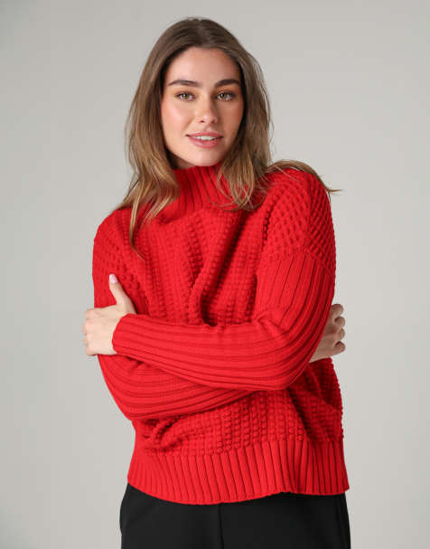 French Connection Cotton mozart popcorn knit high neck jumper in red - view 1