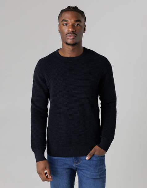French Connection Cotton ottoman crew neck striped knit jumper in navy - view 1