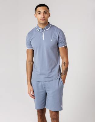 French Connection Cotton pique polo shirt and shorts co ord set in light blue