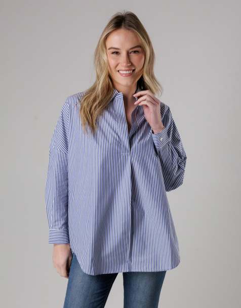 French Connection Cotton relaxed-fit long sleeve striped popover high-low hem shirt in blue - view 1