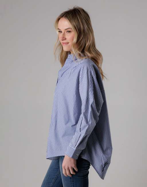 French Connection Cotton relaxed-fit long sleeve striped popover high-low hem shirt in blue, 2 of 4