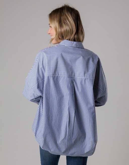 French Connection Cotton relaxed-fit long sleeve striped popover high-low hem shirt in blue, 3 of 4