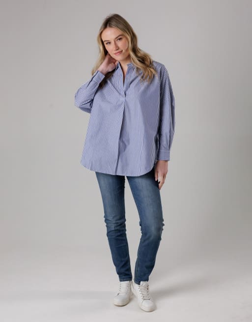 French Connection Cotton relaxed-fit long sleeve striped popover high-low hem shirt in blue, 4 of 4