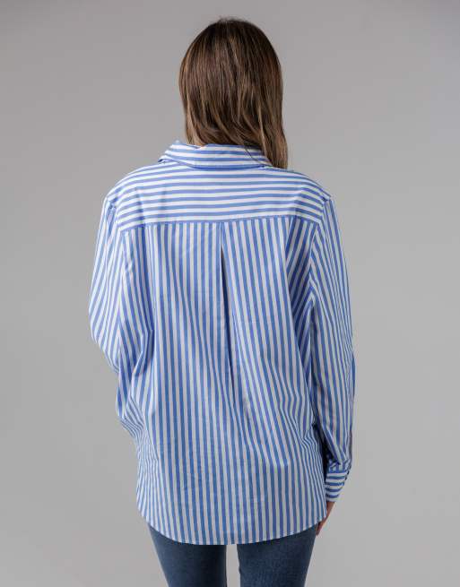 French Connection Cotton relaxed-fit long sleeve striped popover high-low hem shirt in blue, 2 of 4