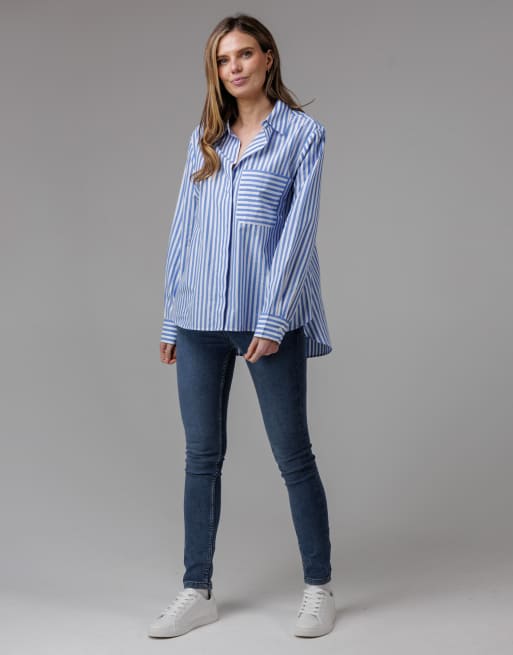 French Connection Cotton relaxed-fit long sleeve striped popover high-low hem shirt in blue, 3 of 4
