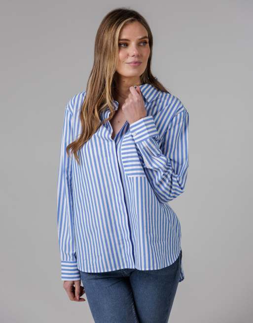 French Connection Cotton relaxed-fit long sleeve striped popover high-low hem shirt in blue, 4 of 4